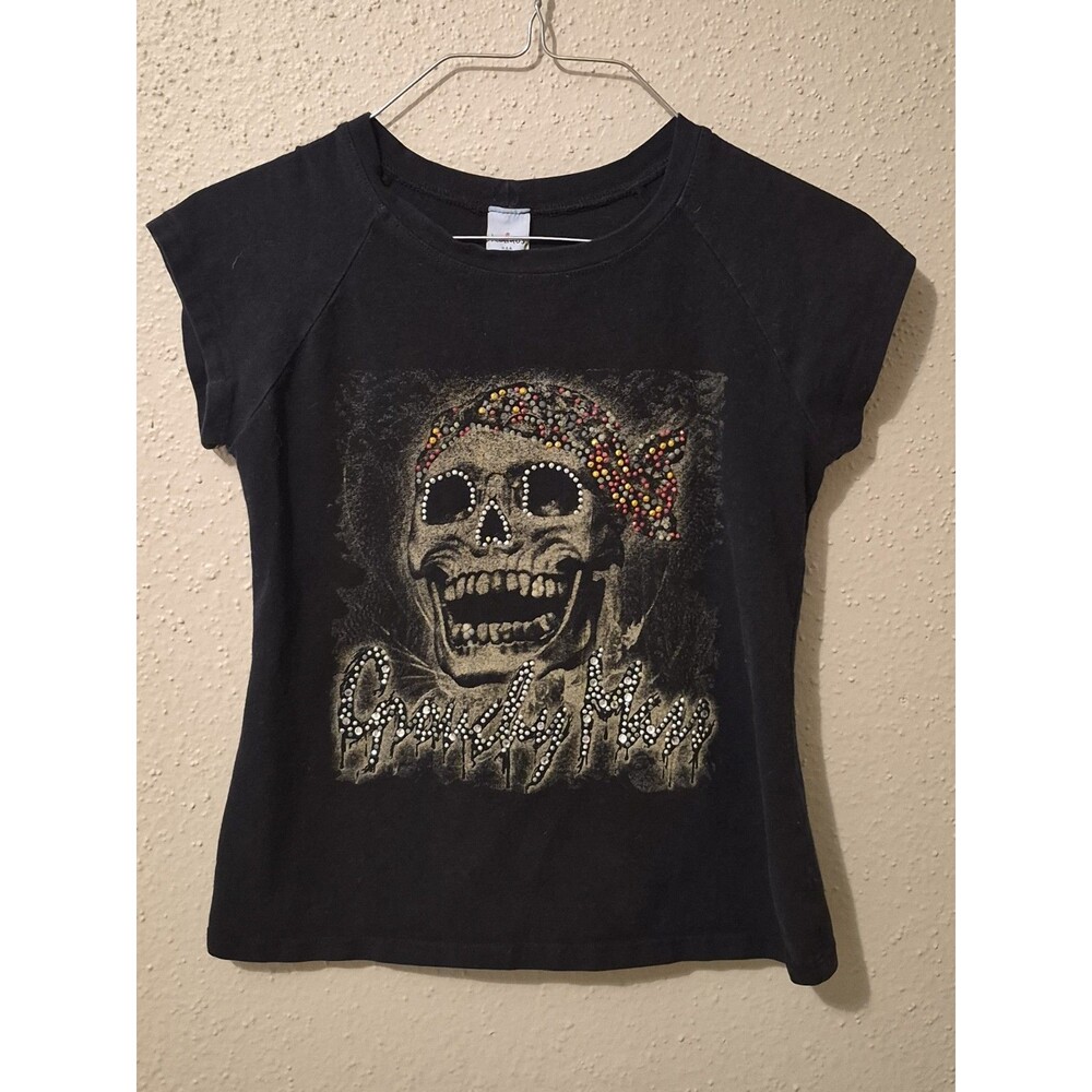 Vintage Y2K Kainos Skull Hip Hop Gangster Bedazzled Crop Black Tee Crop Shirt L